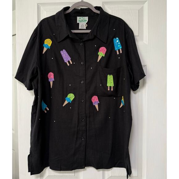 The Quacker Factory Linen Blend Embroidered Ice Cream Popsicles Top Size 1X - Picture 1 of 13